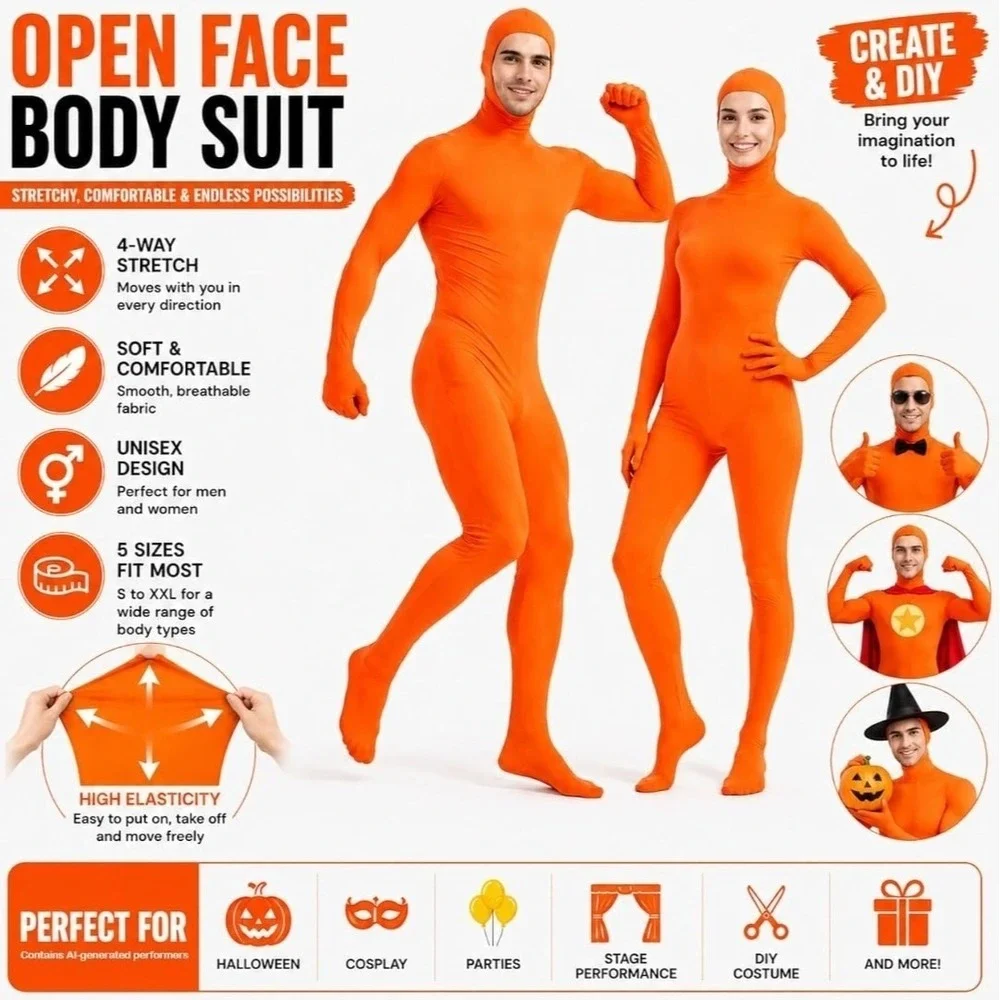 ATHX Mens and Womens Spandex Open Face Bodysuit Costume Adult Stretchy Hallow...